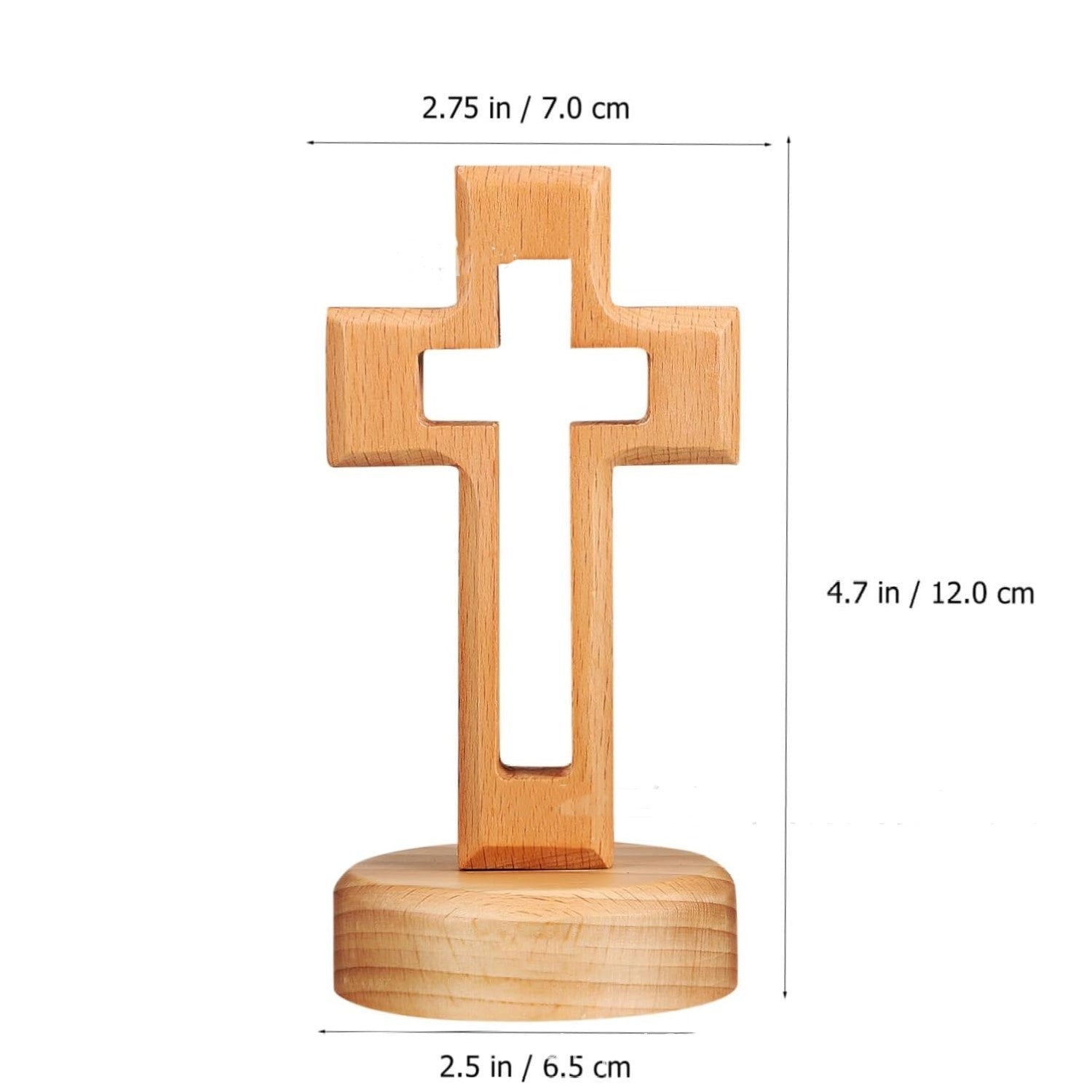 Round-bottom wooden prayer cross — size and detail